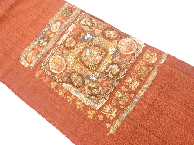 リサイクル　手織り紬抽象草花模様織出し名古屋帯